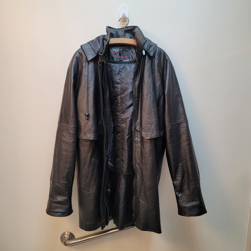 Genuine Leather Mid Length Lined Coat with Removable Hood and Lining, SZ Large